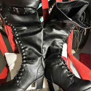 Black knee high biker boots with heel